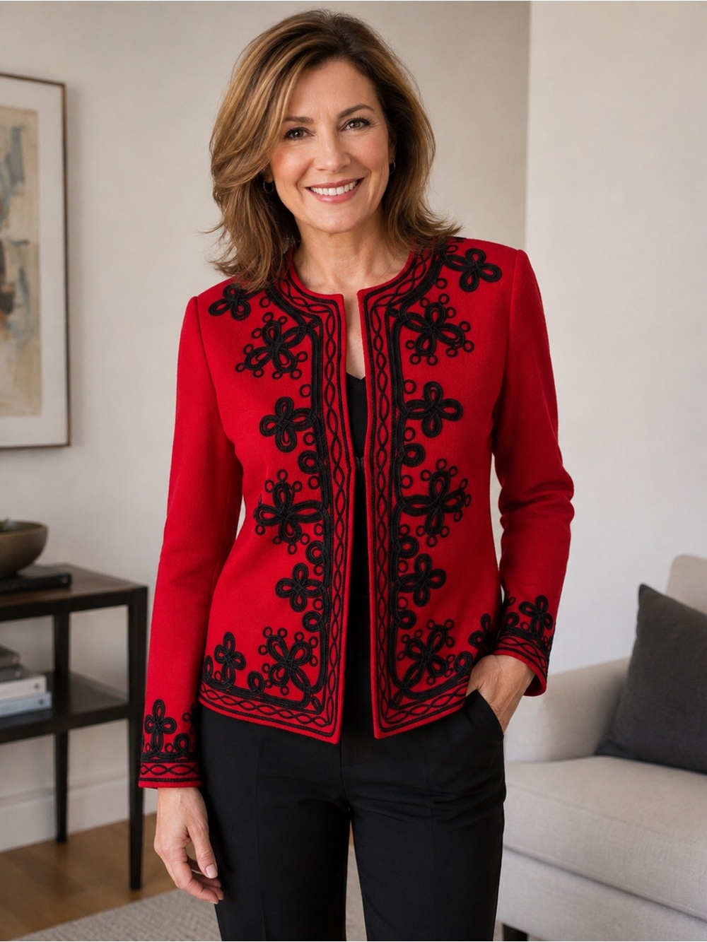 VTG unbranded Elegant Red  Black Embroidery blazer M/L ?